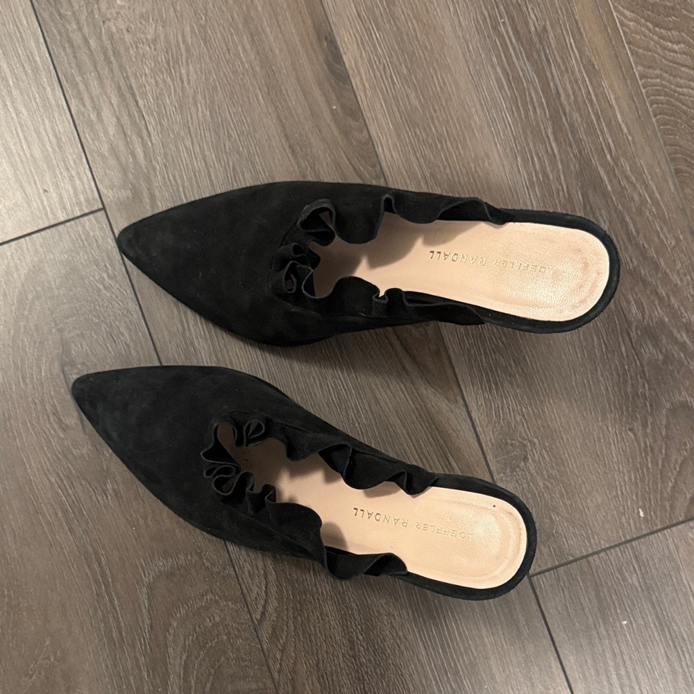 Loeffler Randall Black Suede Pointed Ruffle Backless Mules